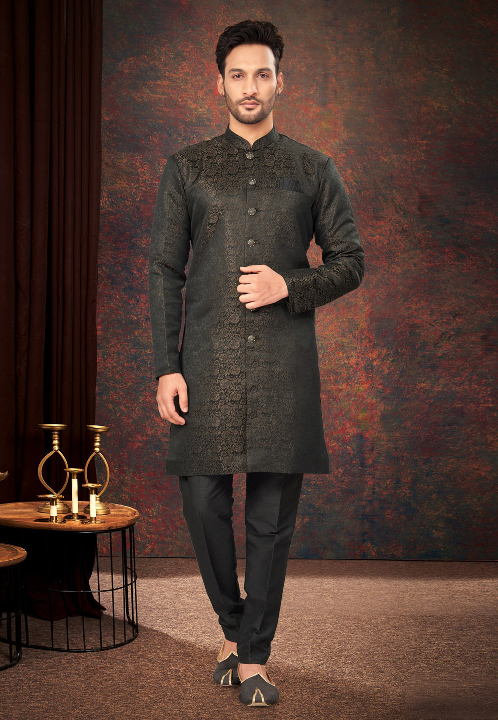 Black Jacquard Indo Western Suit 284000
