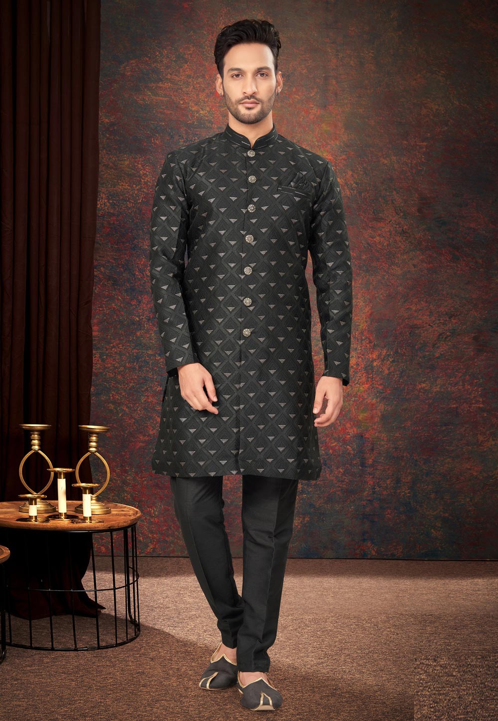 Black Jacquard Indo Western Suit 284018