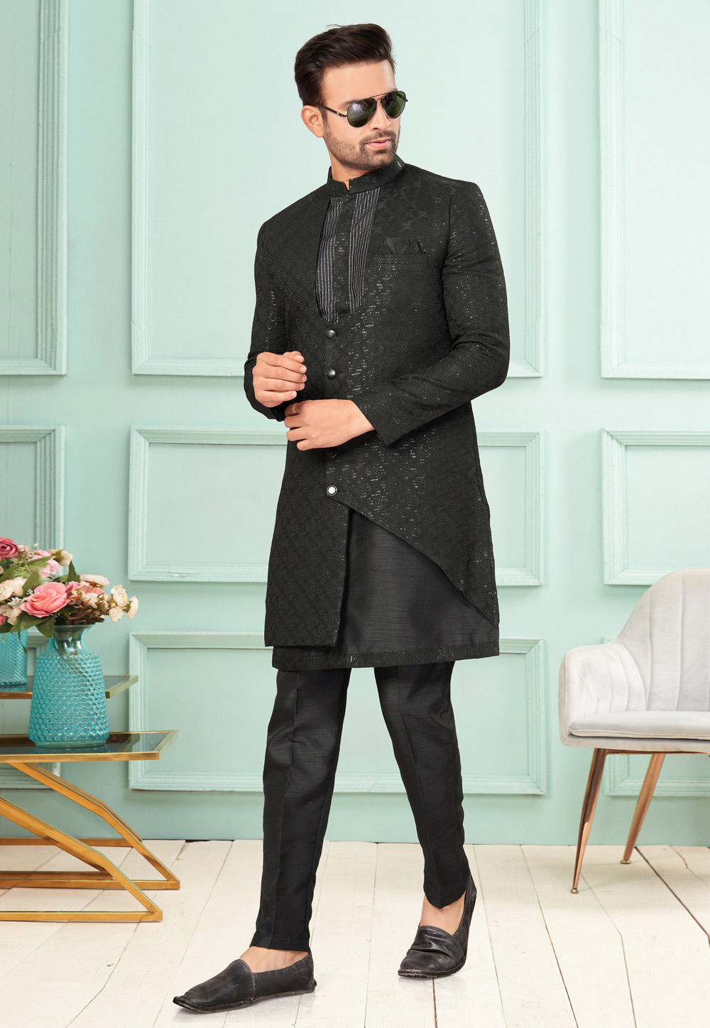 Black Jacquard Indo Western Suit 283921