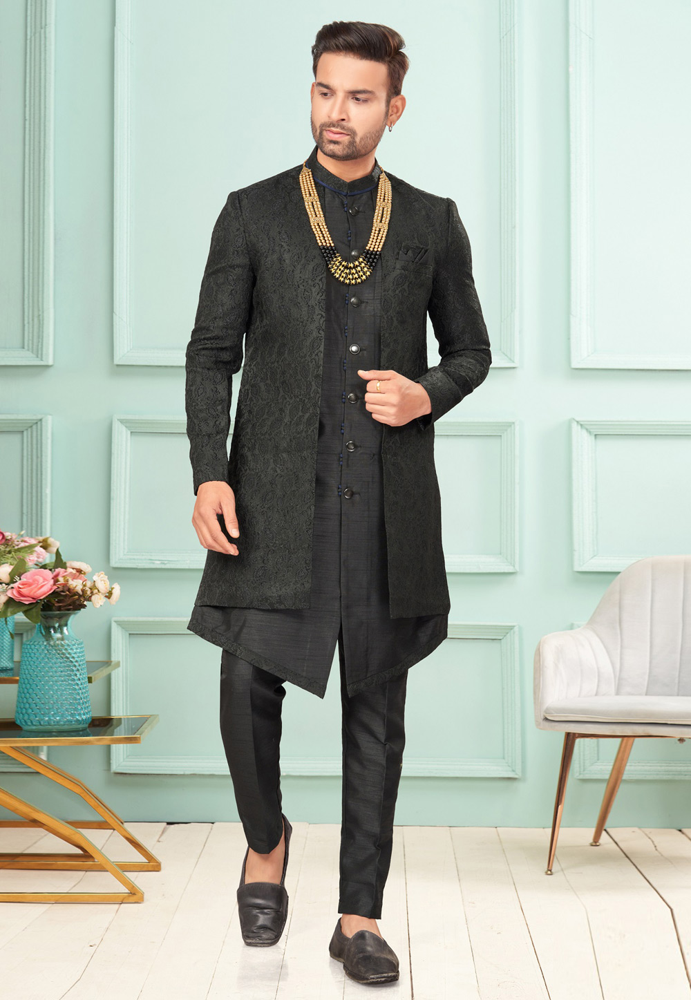 Black Jacquard Indo Western Suit 283922