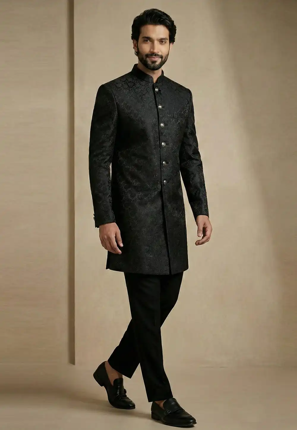 Black Jacquard Indo Western Suit 325152