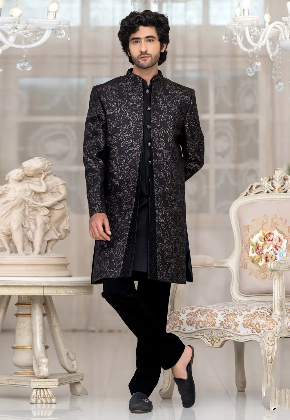 Black Jacquard Indo Western Suit 336527