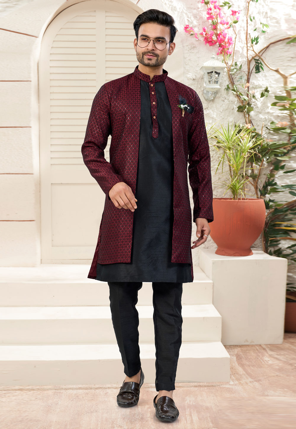 Black Jacquard Indo Western Suit 324620