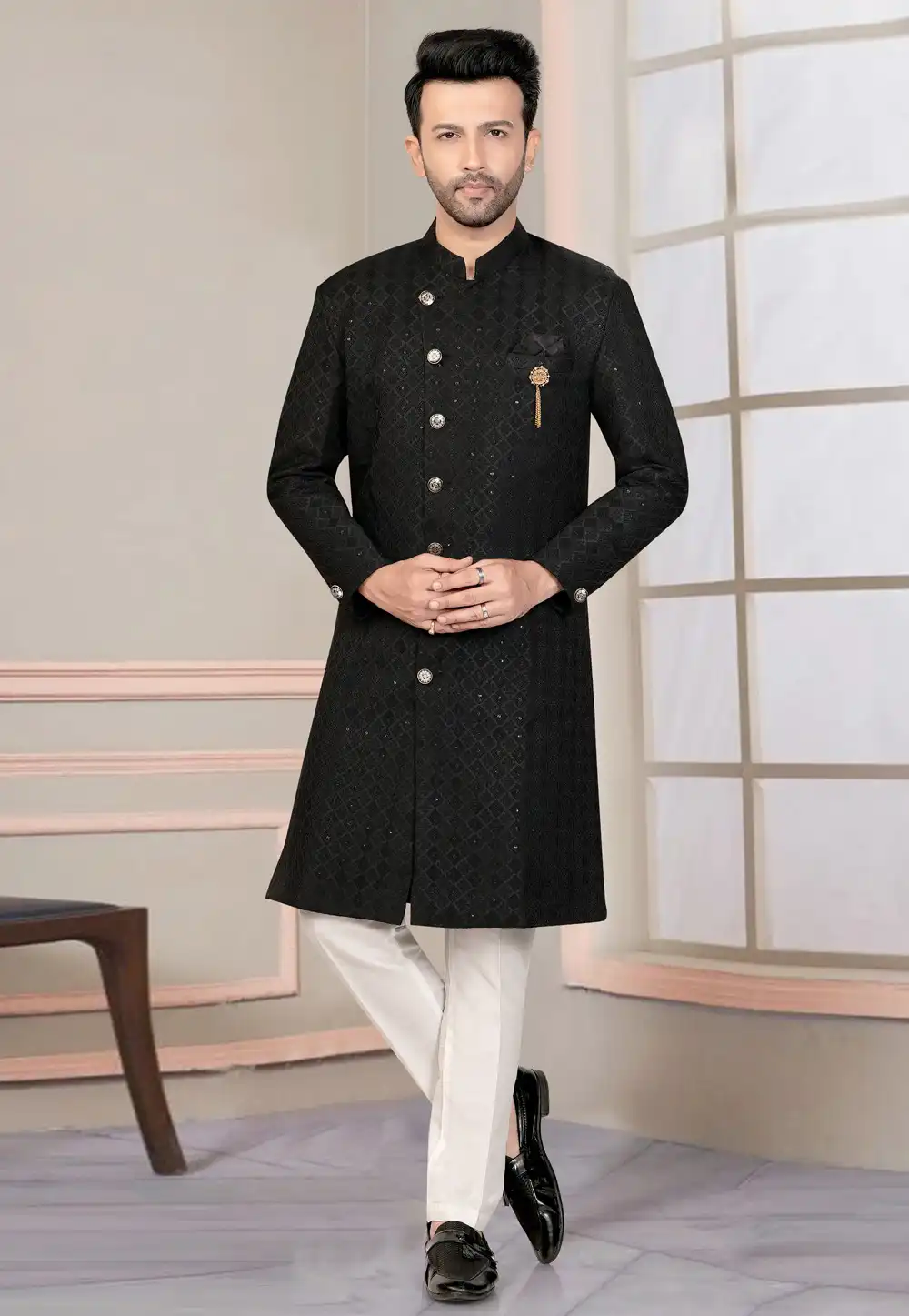 Black Jacquard Indo Western Suit 316103