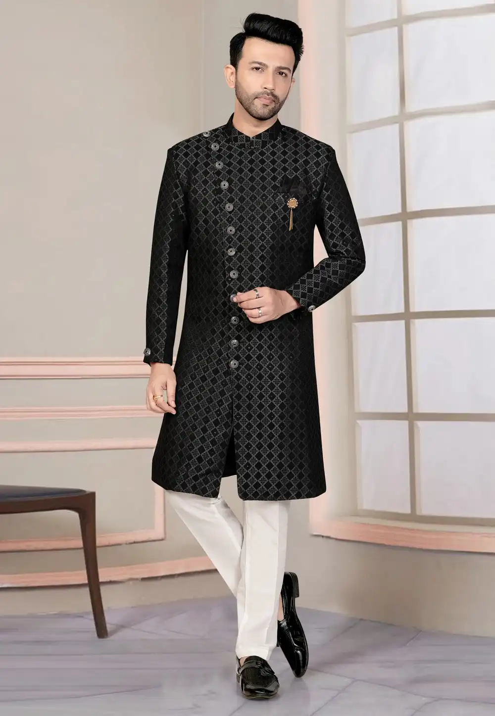 Black Jacquard Indo Western Suit 316105
