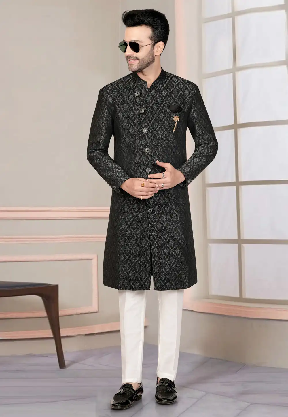 Black Jacquard Indo Western Suit 316107