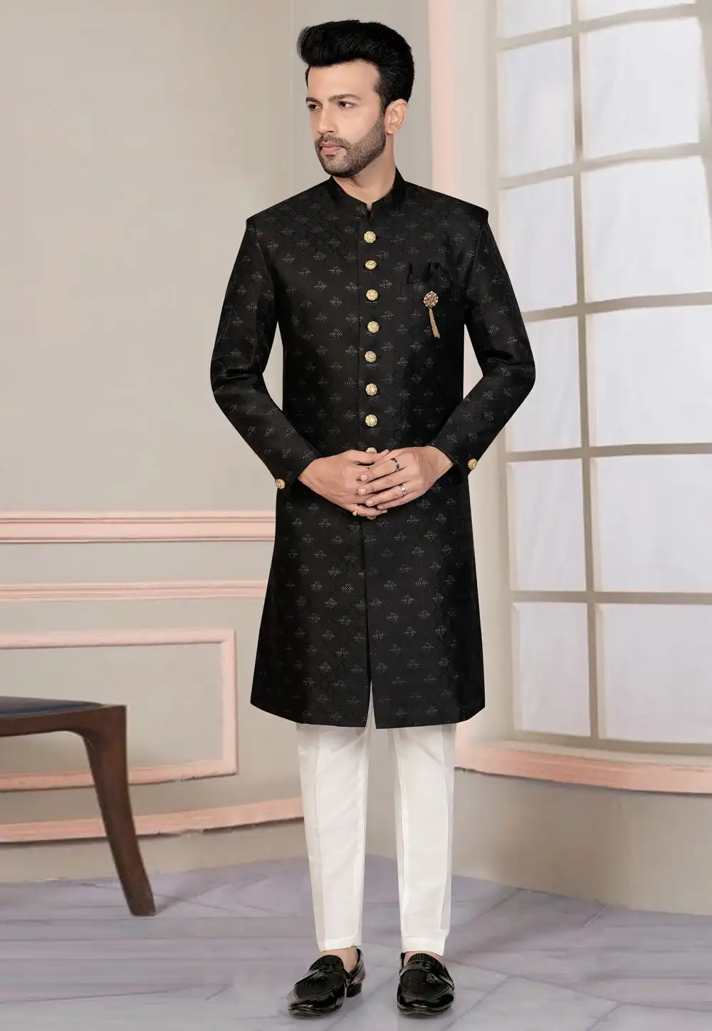 Black Jacquard Indo Western Suit 316114