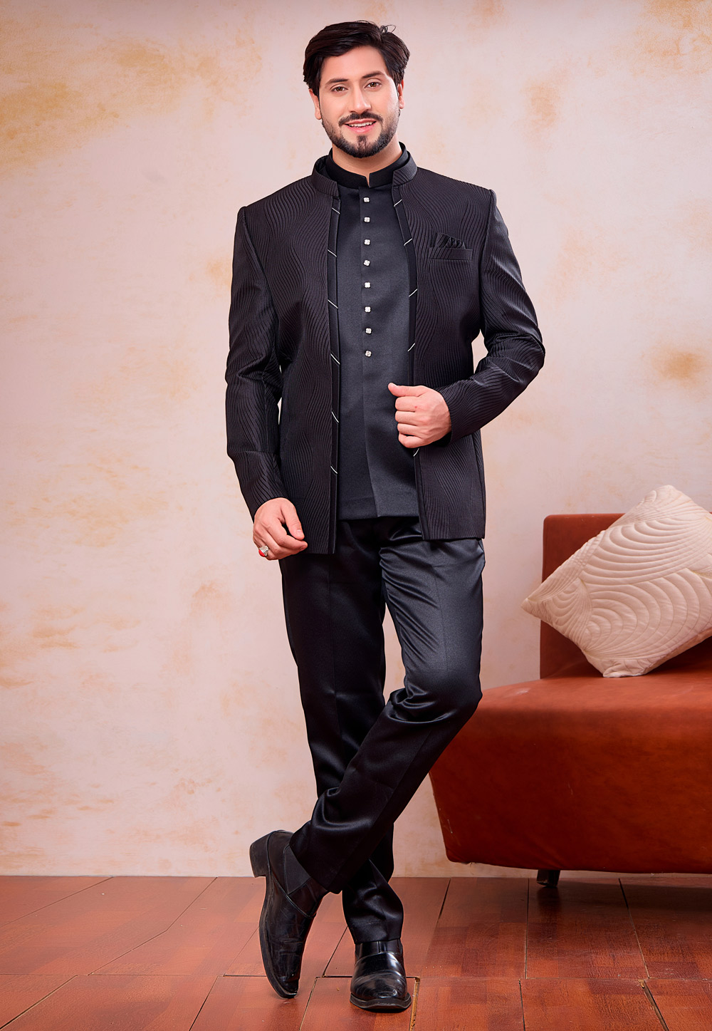 Black Jacquard Jodhpuri Suit 327095