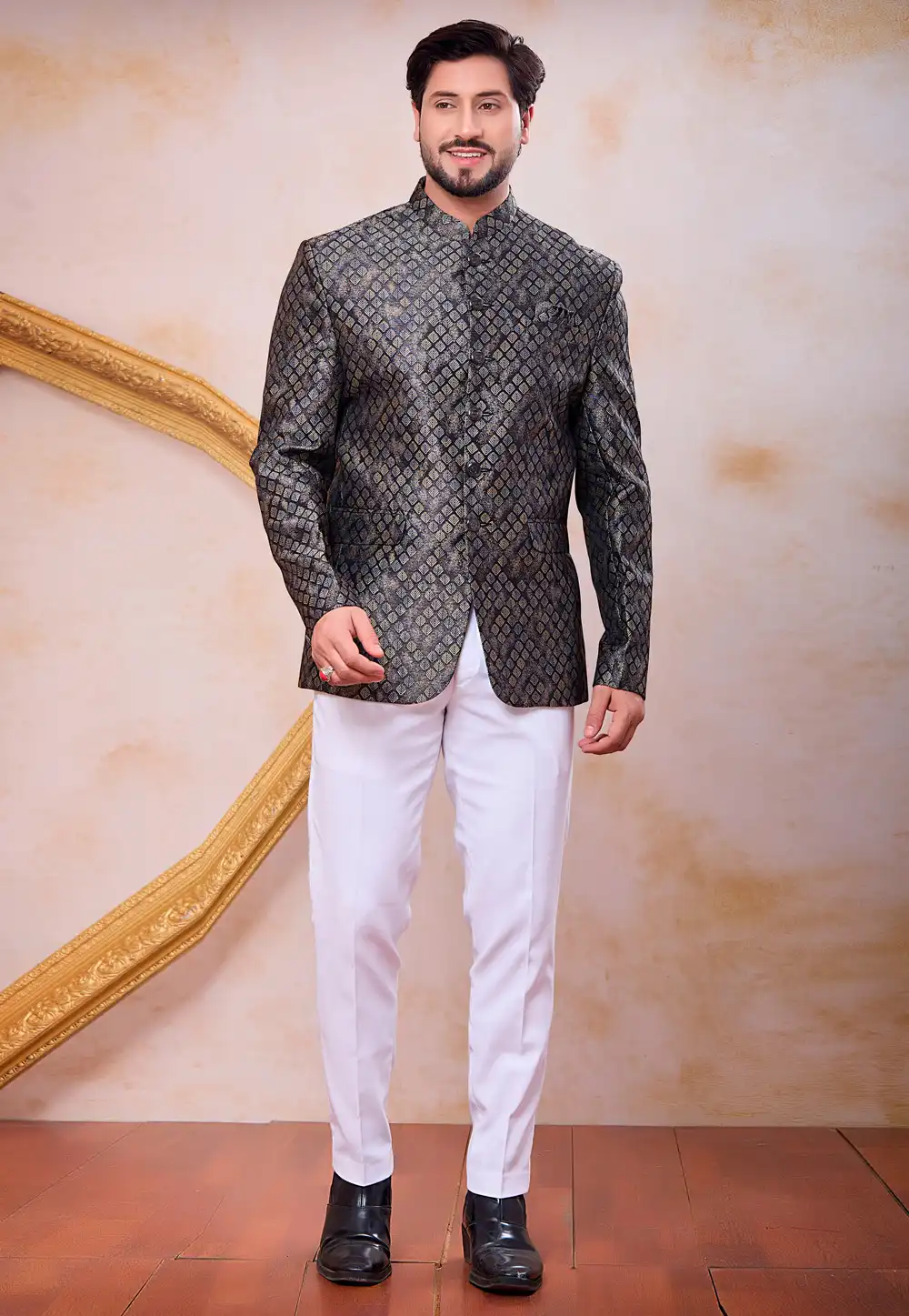 Black Jacquard Jodhpuri Suit 327097