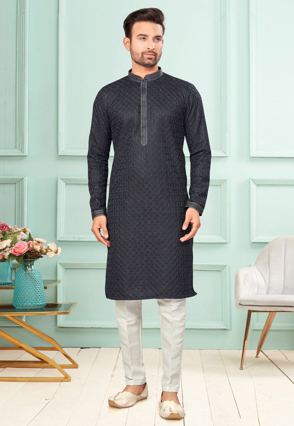 Black Jacquard Kurta Pajama 283880