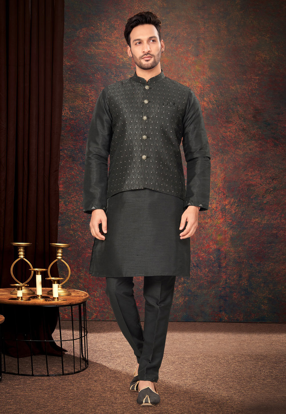 Black Jacquard Kurta Pajama With Jacket 283988