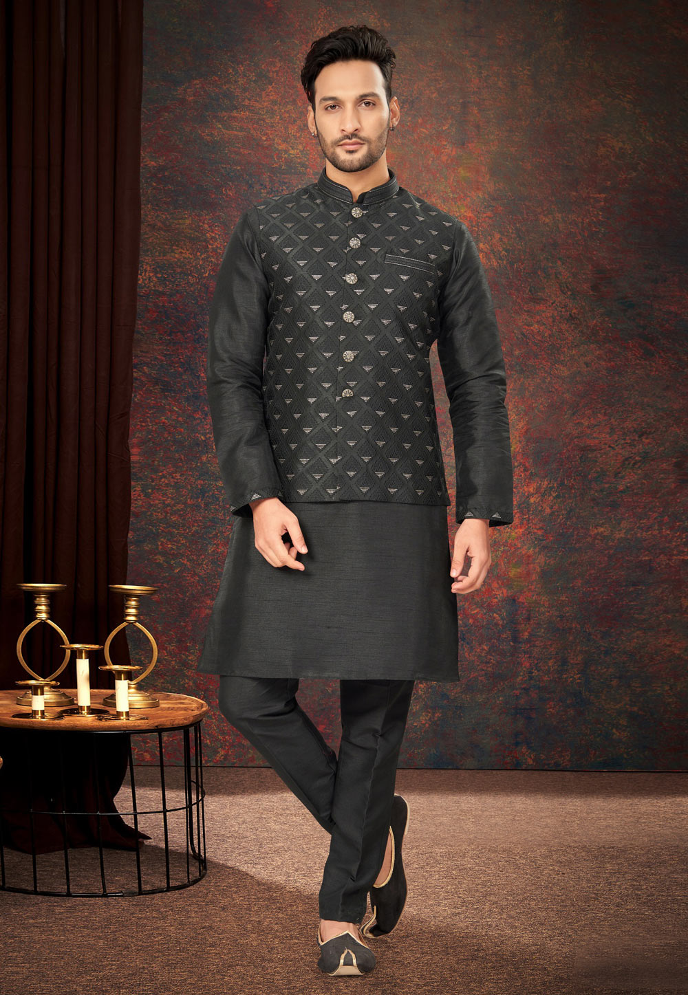 Black Jacquard Kurta Pajama With Jacket 283989
