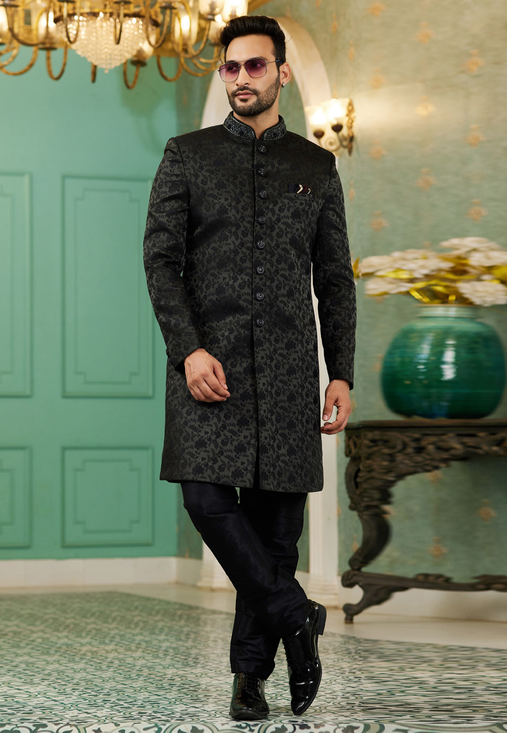 Black Jacquard Silk Indo Western Sherwani 278305