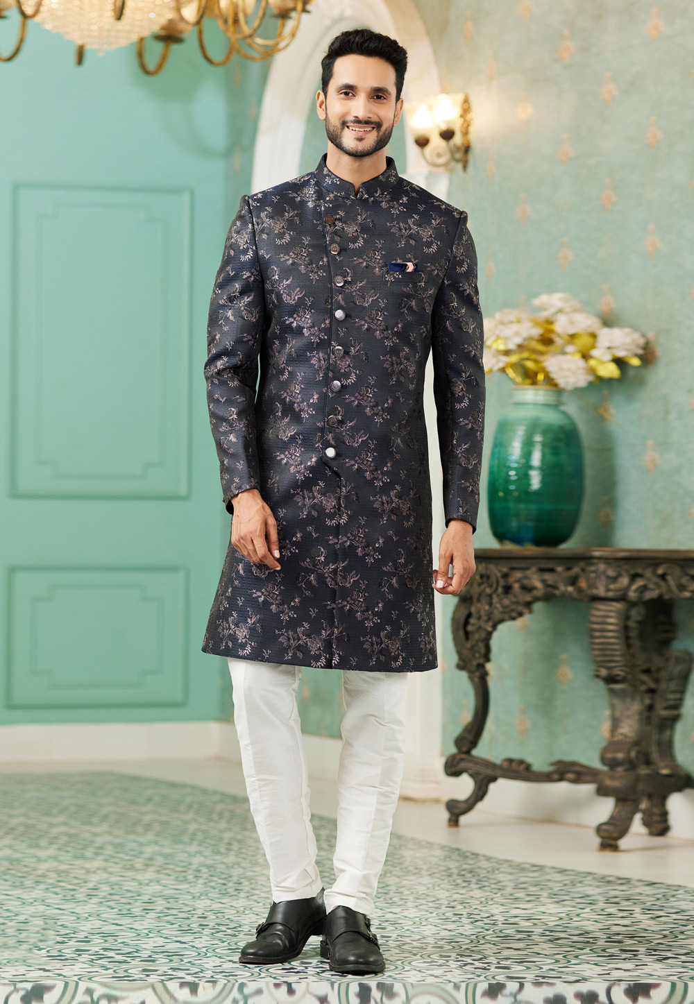 Black Jacquard Silk Indo Western Sherwani 278309