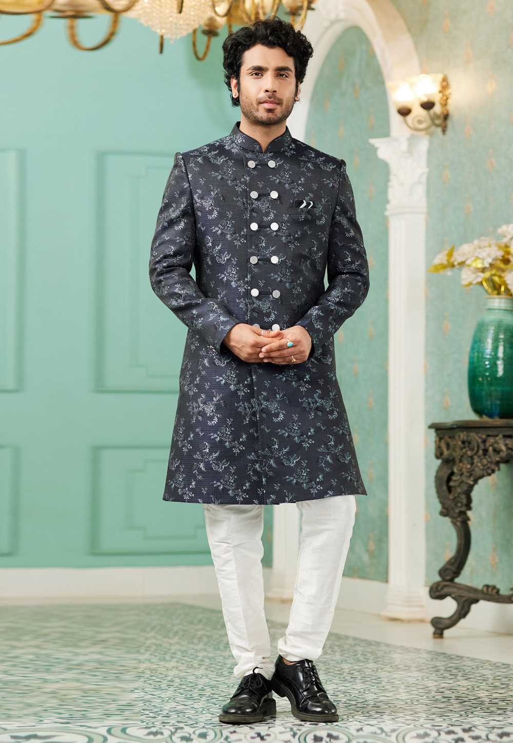 Black Jacquard Silk Indo Western Sherwani 278310