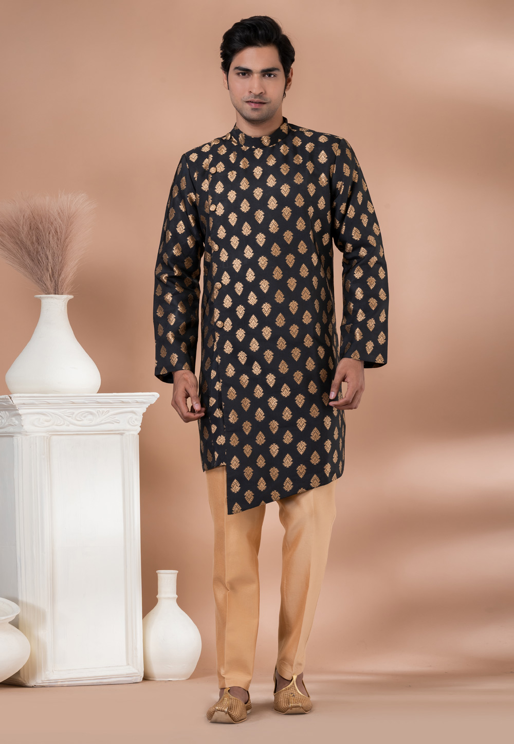 Black Jacquard Silk Indo Western Suit 283141