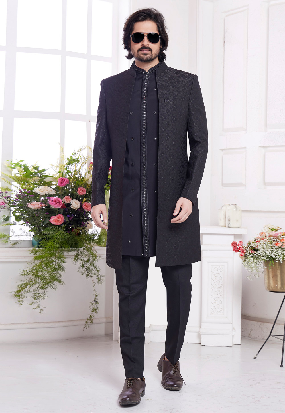 Black Jacquard Silk Jacket Style Sherwani 308608
