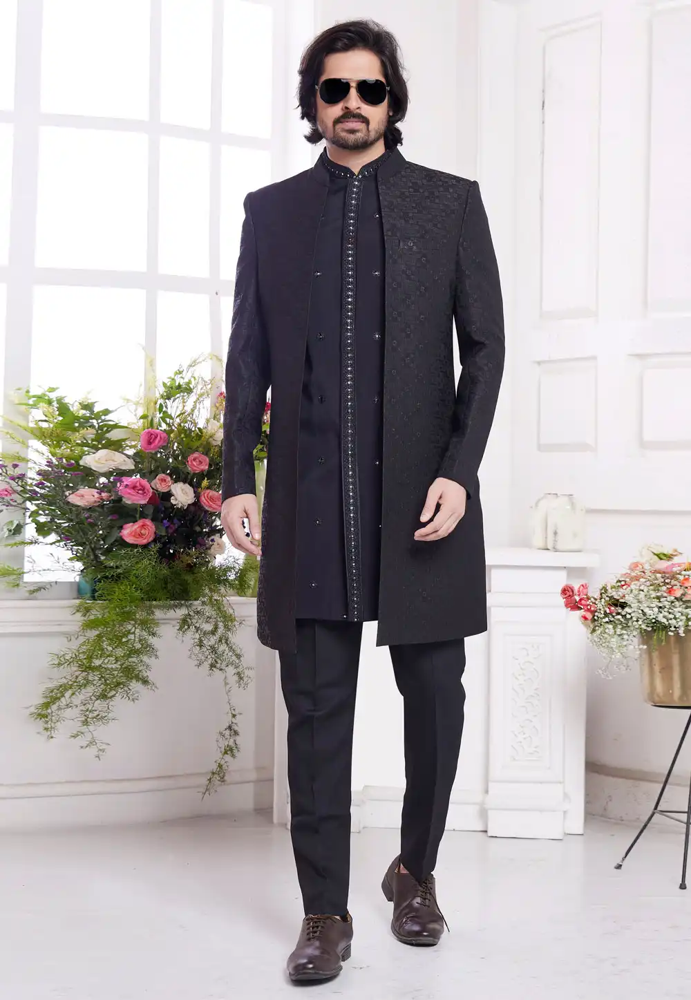 Black Jacquard Silk Jacket Style Sherwani 308608