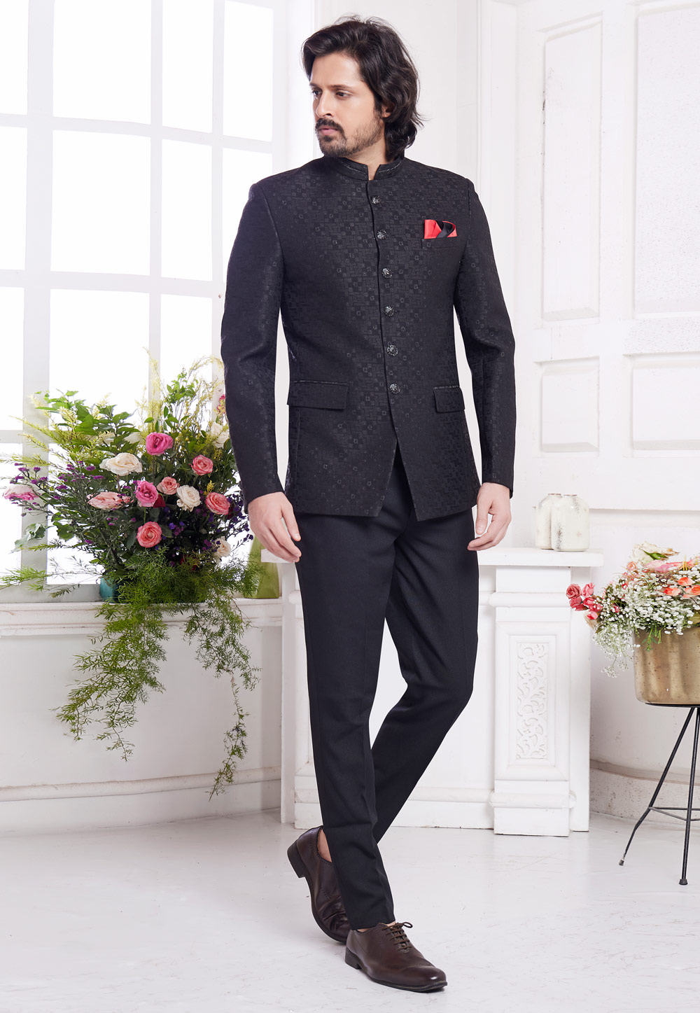 Black Jacquard Silk Jodhpuri Suit 308619