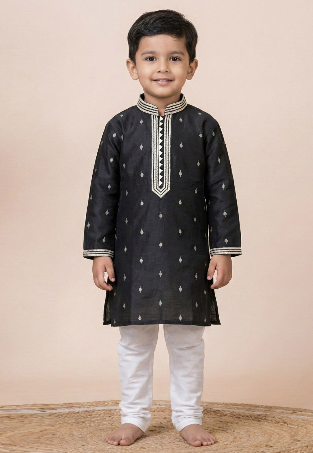 Black Jacquard Silk Kids Kurta Pajama 322836