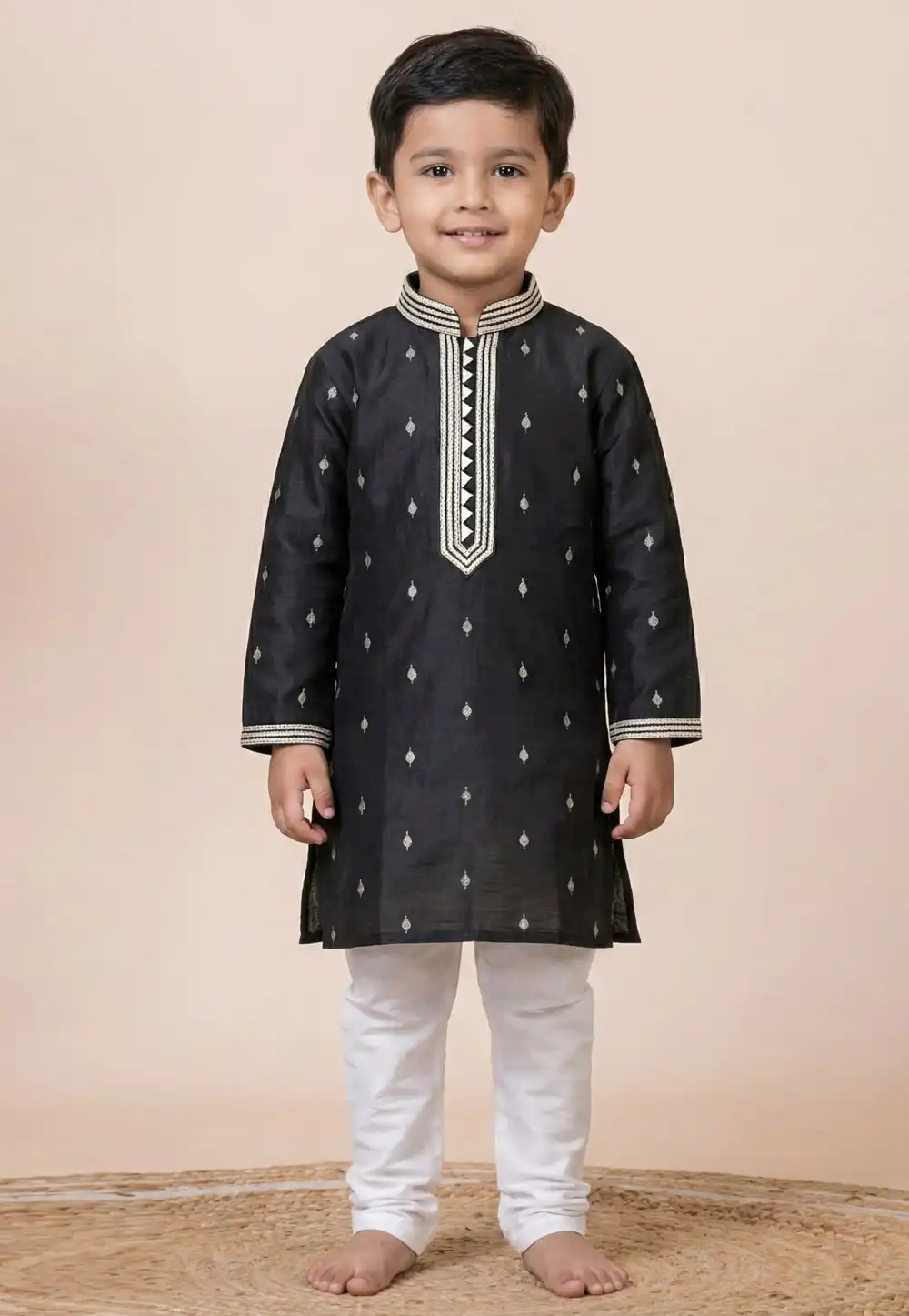 Black Jacquard Silk Kids Kurta Pajama 322836