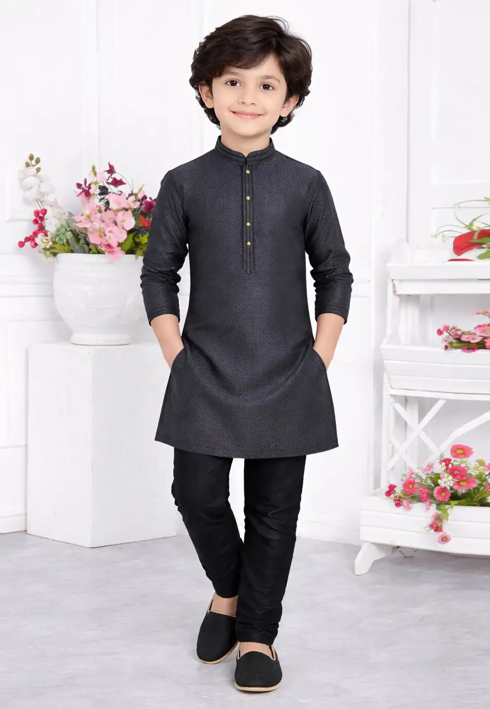 Black Jacquard Silk Kids Kurta Pajama 330786