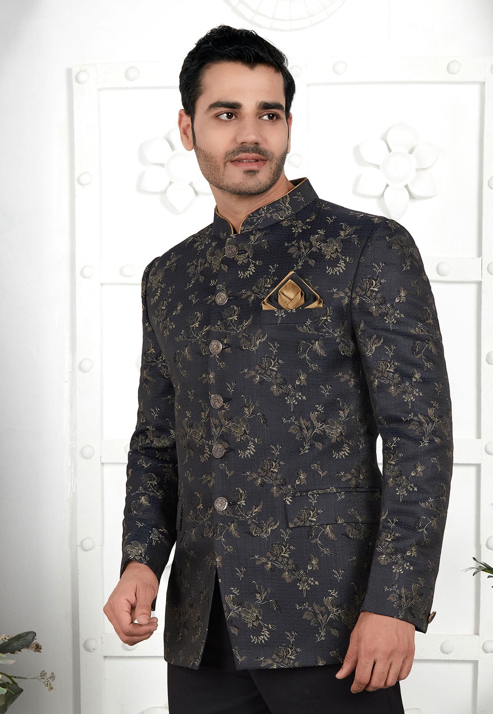 Black Jacquard Silk Bandhgala Jacket 280381