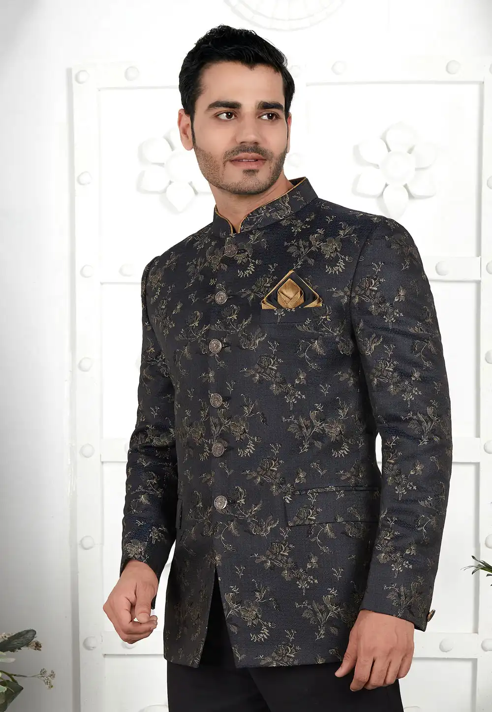 Black Jacquard Silk Bandhgala Jacket 280381