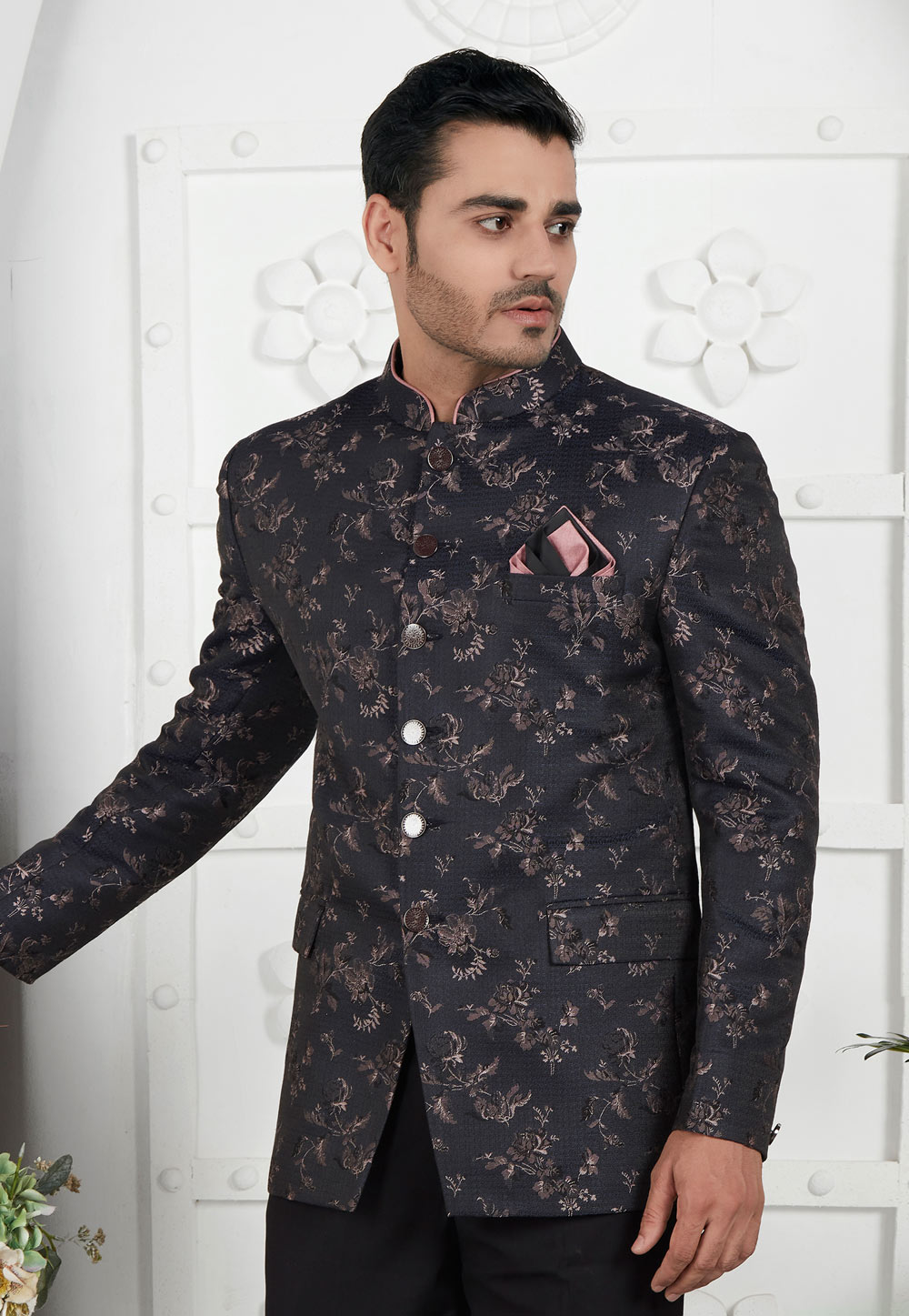 Black Jacquard Silk Jodhpuri Jacket 280382