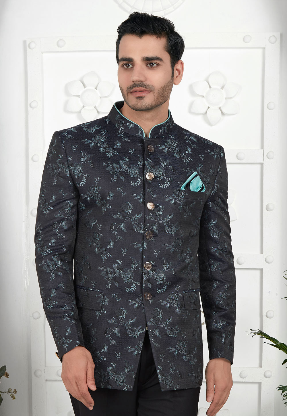 Black Jacquard Silk Bandhgala Jacket 280383