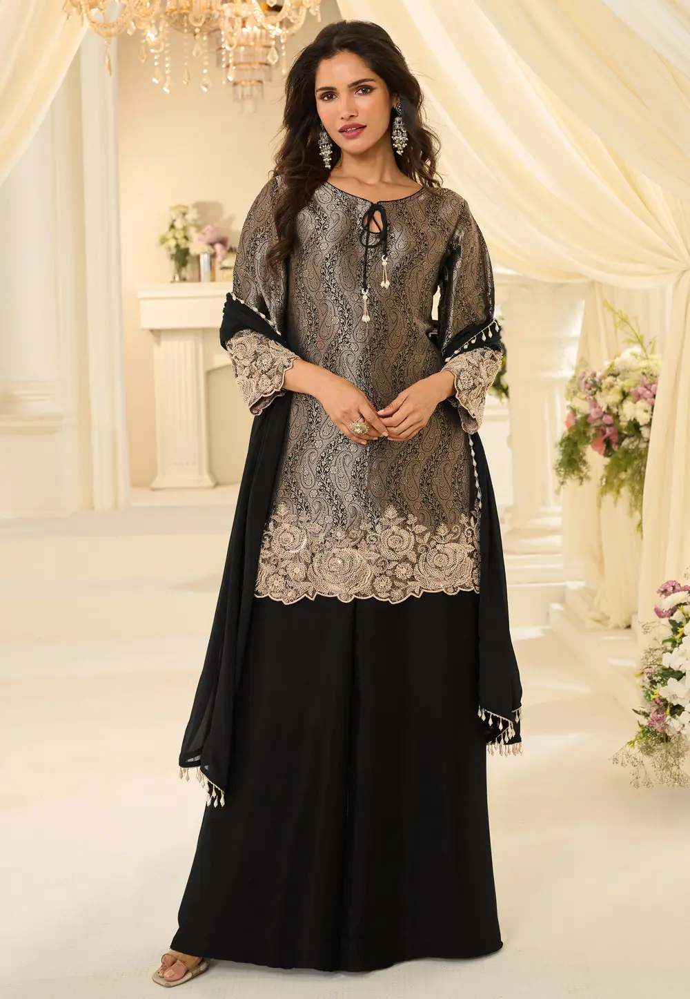 Black Jacquard Silk Palazzo Suit 333181