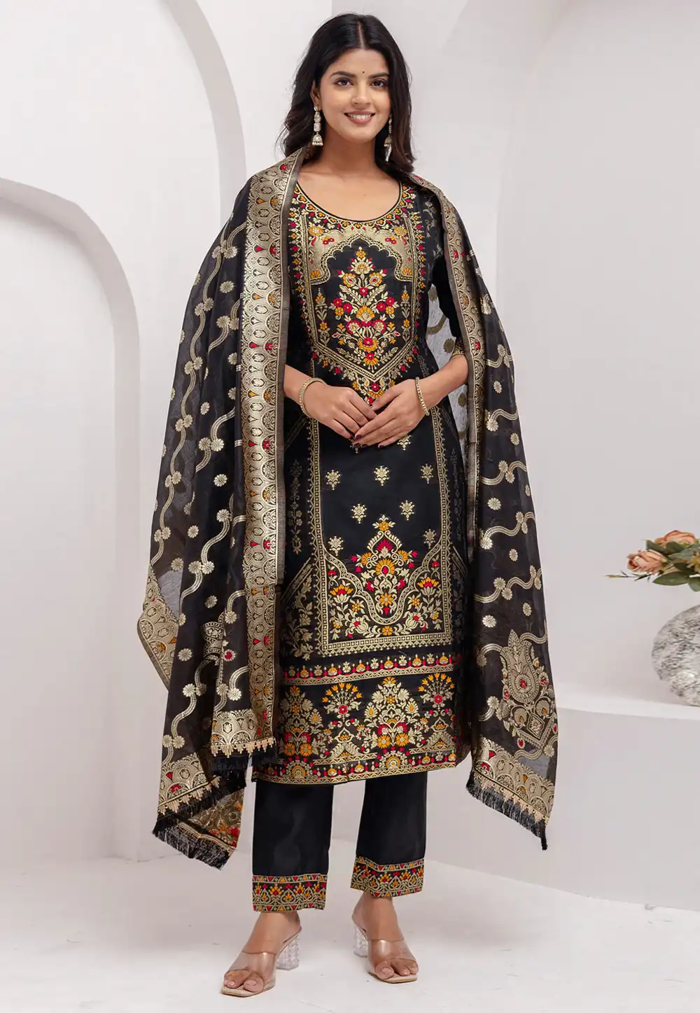 Black Jacquard Silk Readymade Pant Style Suit 308709