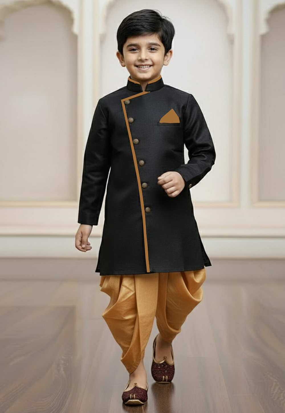 Black Jute Silk Kids Indo Western Suit 319636
