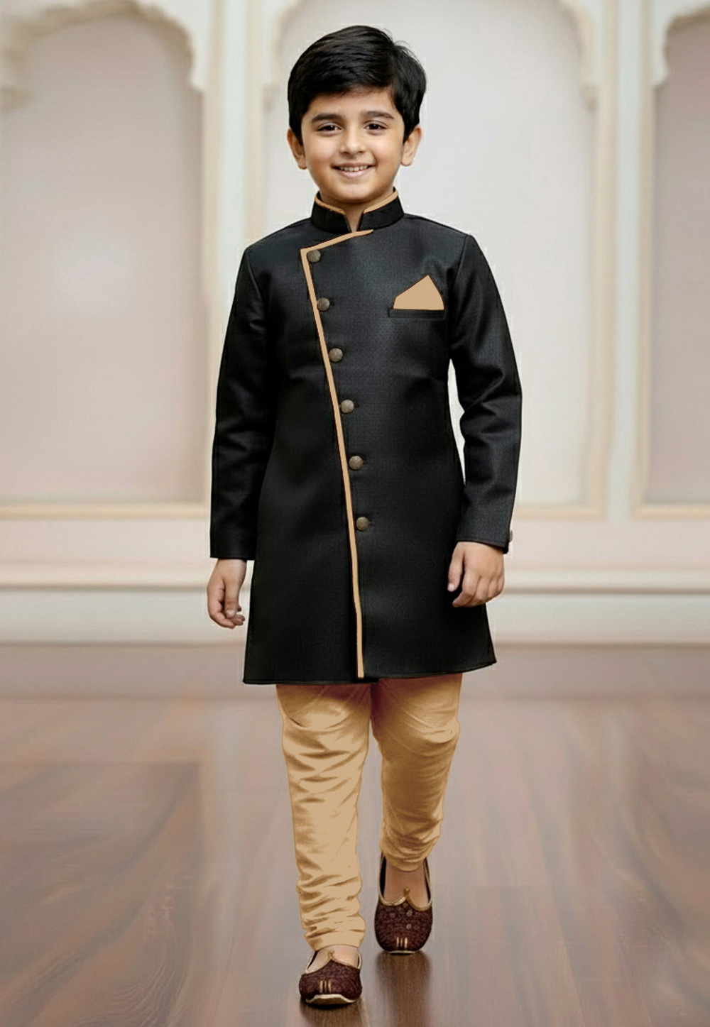 Black Jute Silk Kids Indo Western Suit 319643