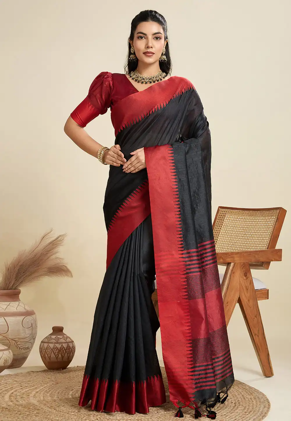 Black Khadi Saree With Blouse 314072