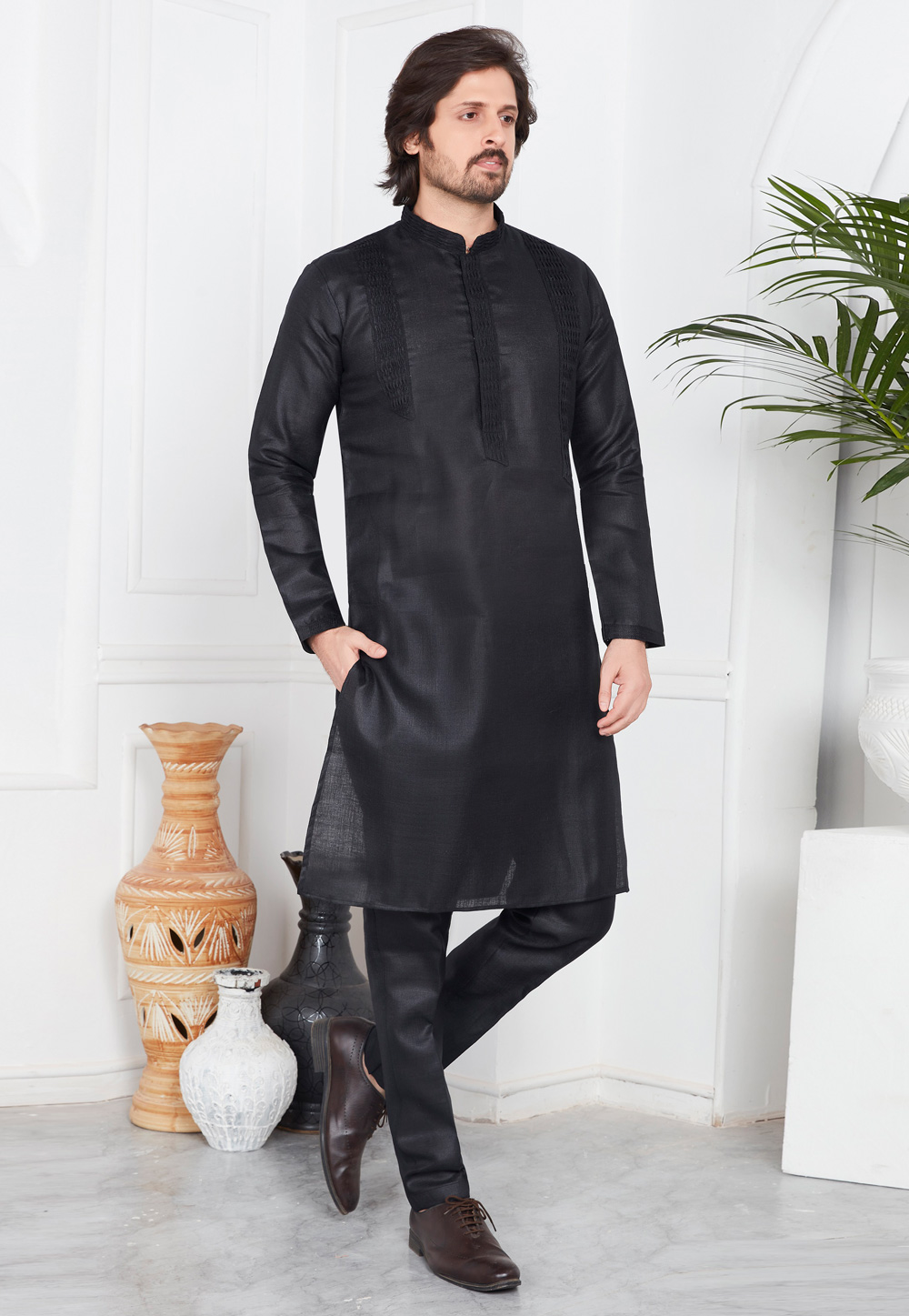 Black Linen Kurta Pajama 283366