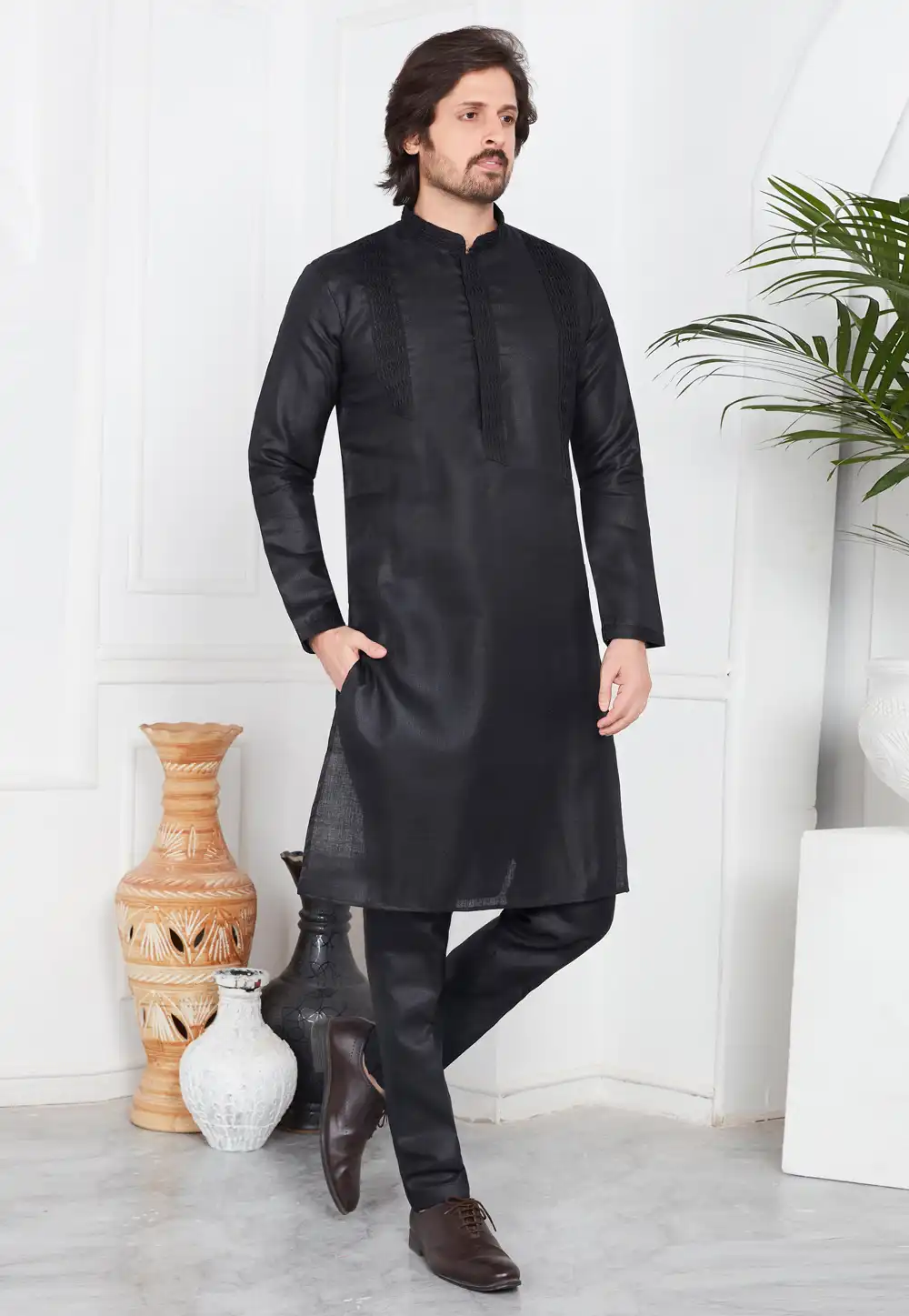 Black Linen Kurta Pajama 283366