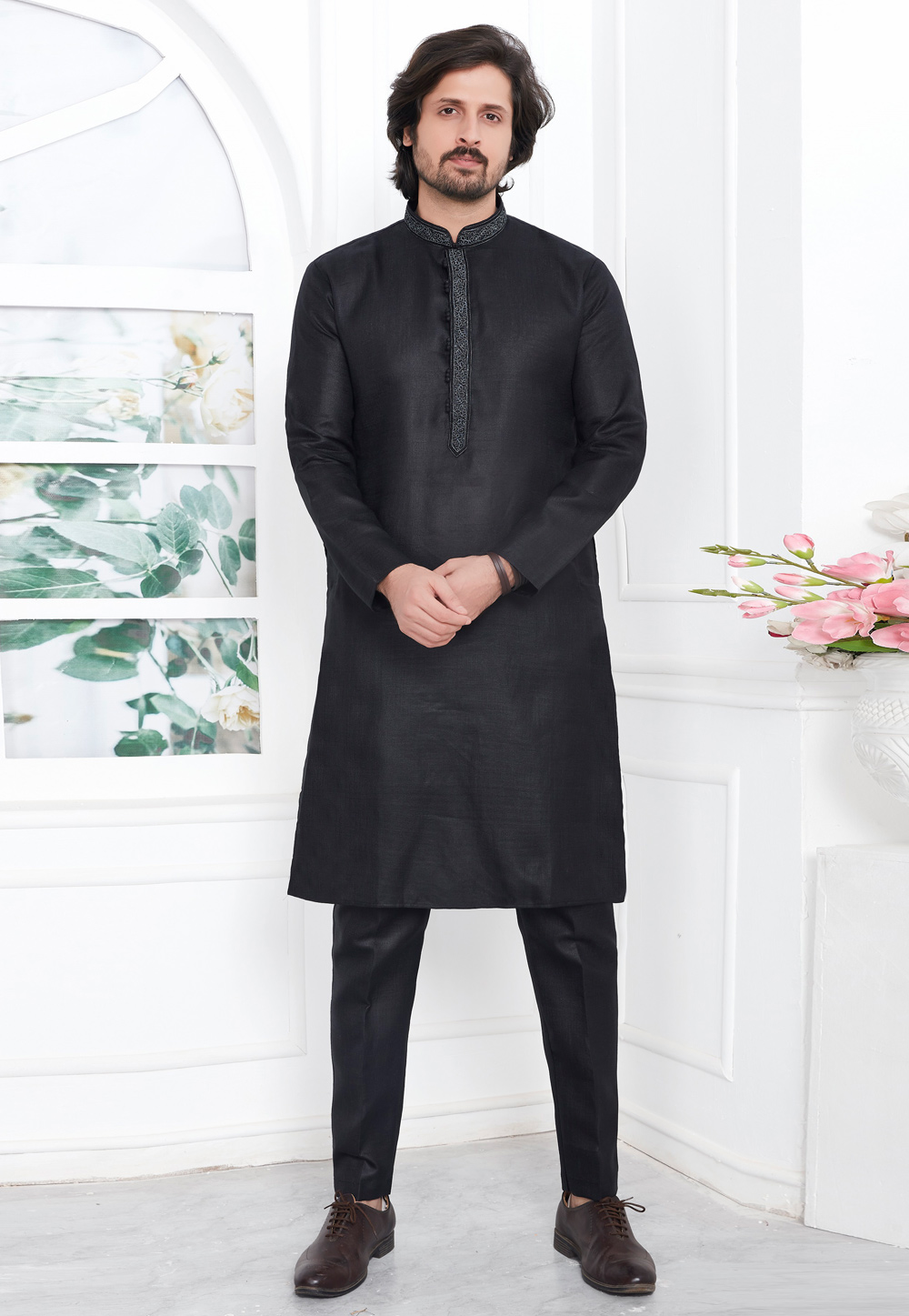 Black Linen Kurta Pajama 283353