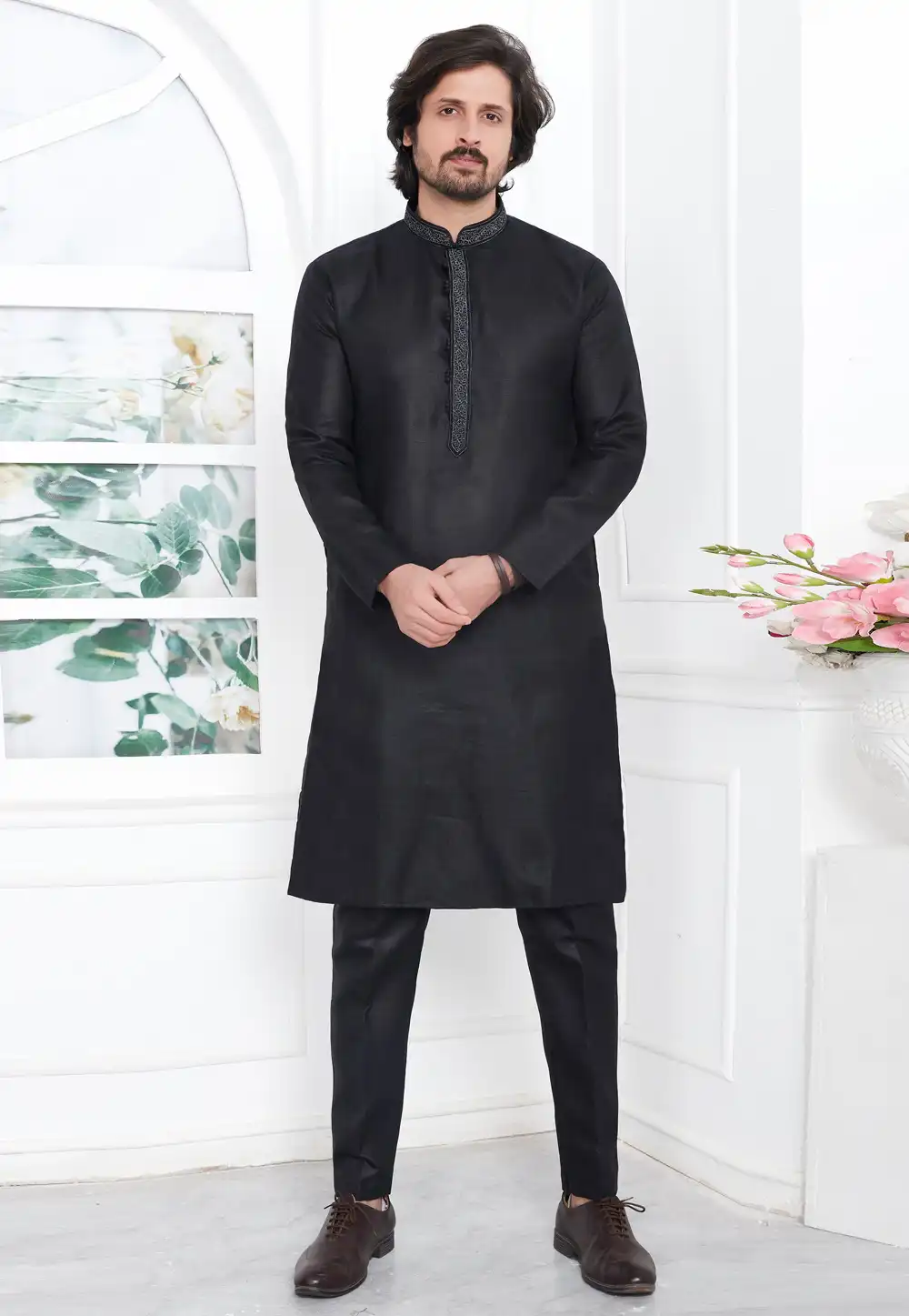 Black Linen Kurta Pajama 283353