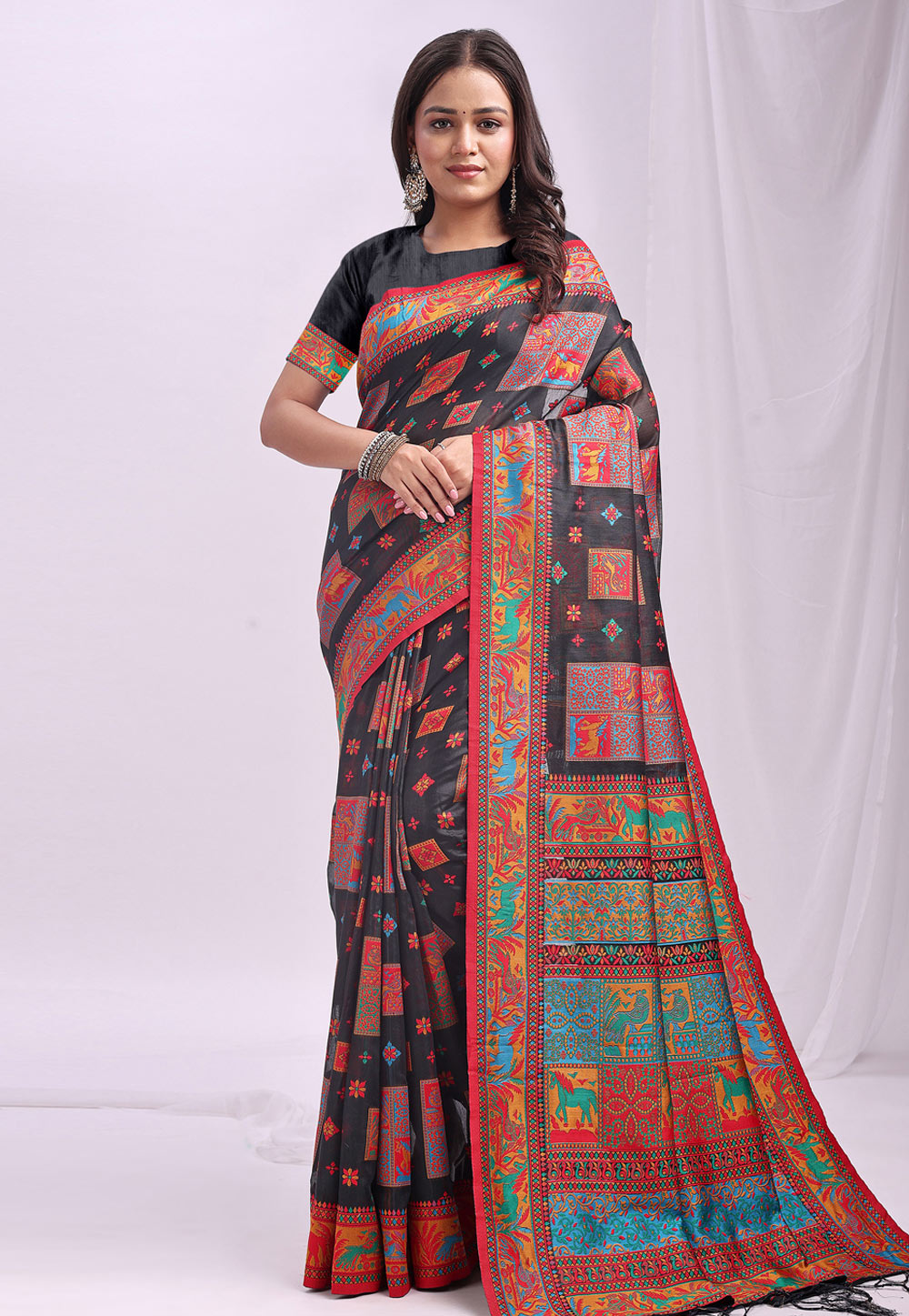 Black Linen Saree With Blouse 312307