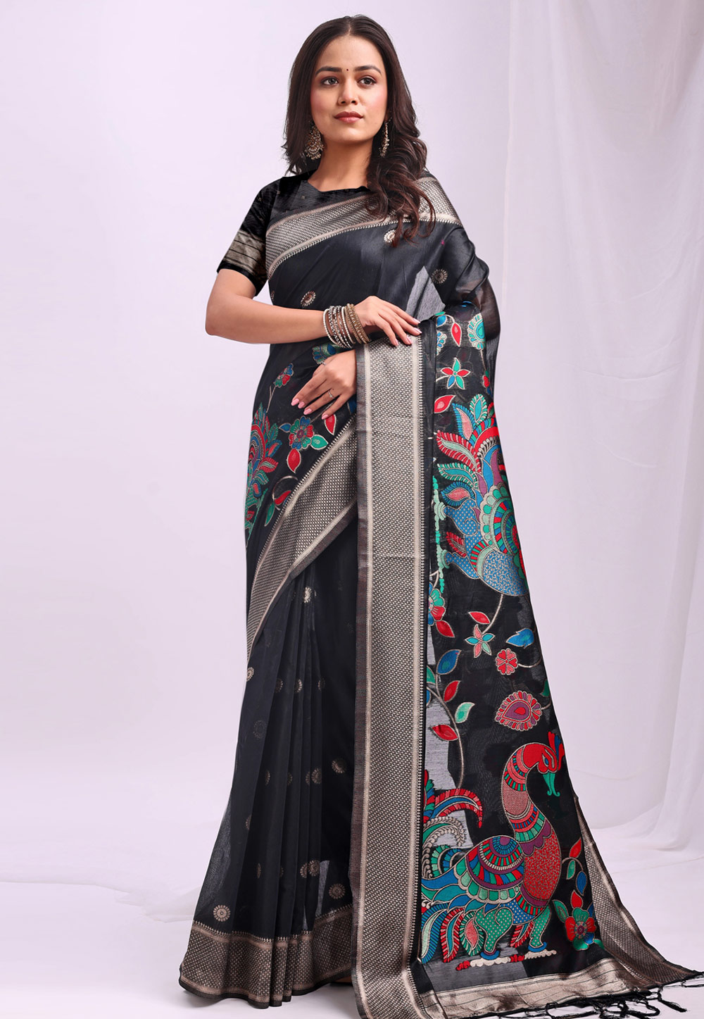 Black Linen Saree With Blouse 312462