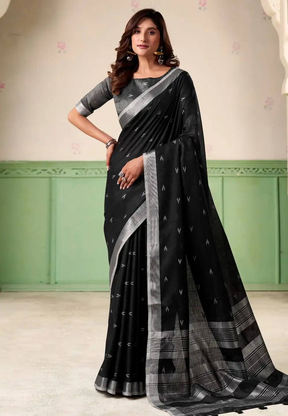 Black Linen Saree With Blouse 319712