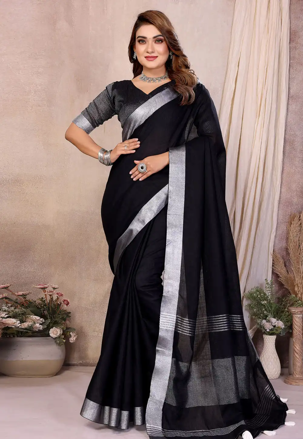Black Linen Saree With Blouse 319831