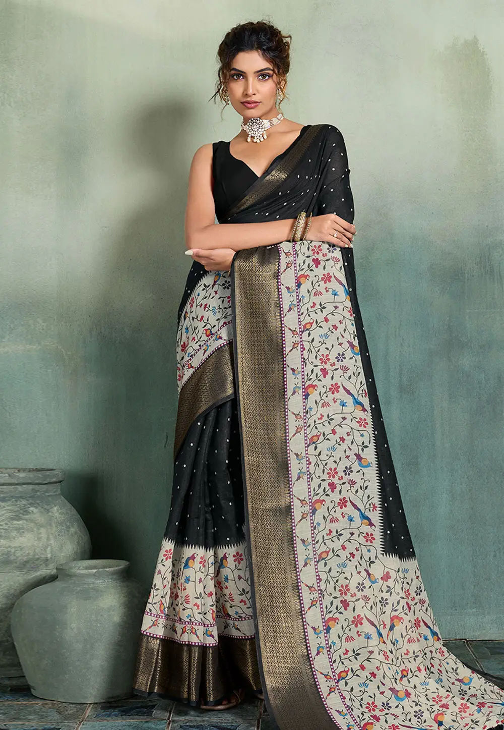 Black Linen Saree With Blouse 334516
