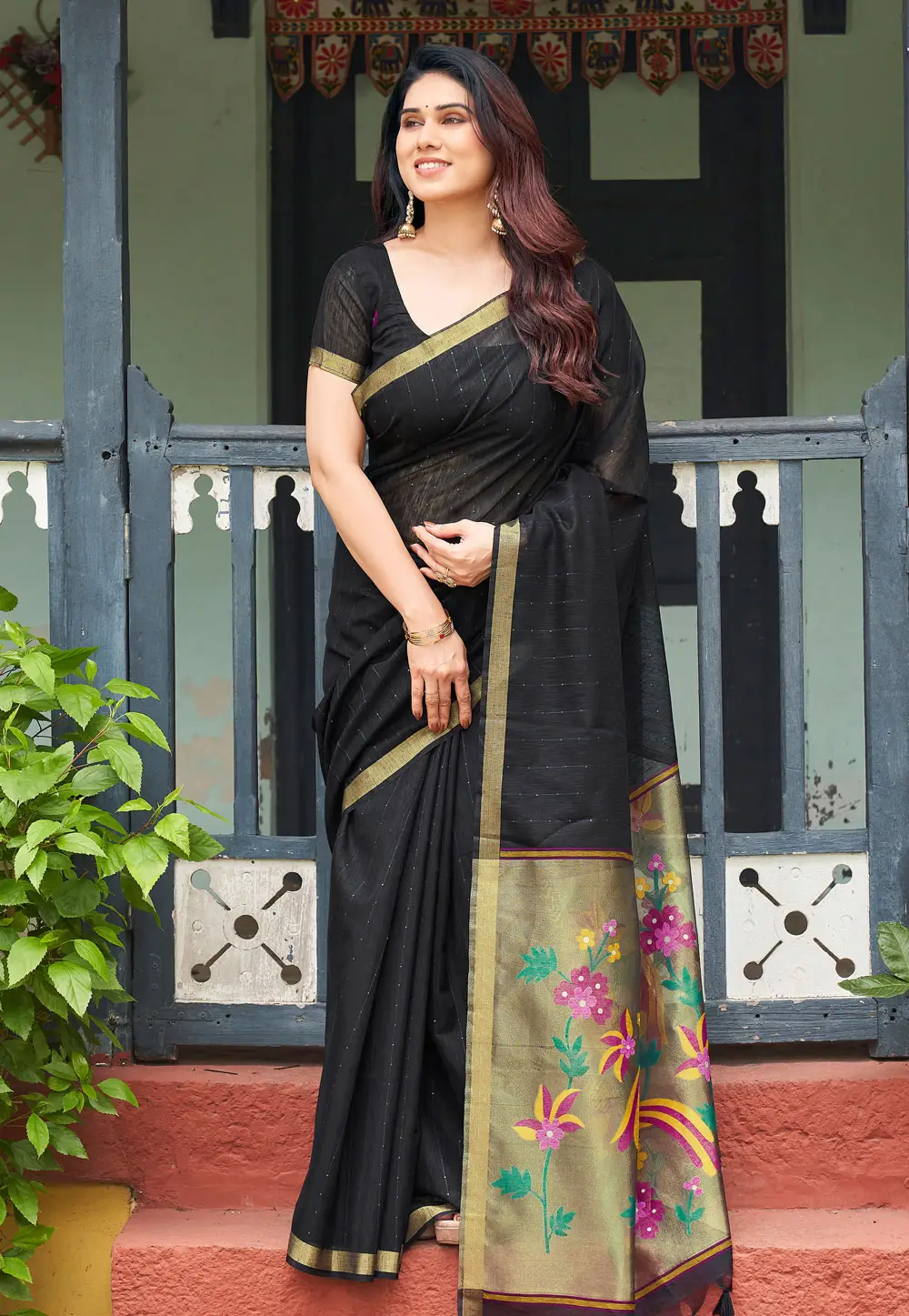 Black Linen Saree With Blouse 336588