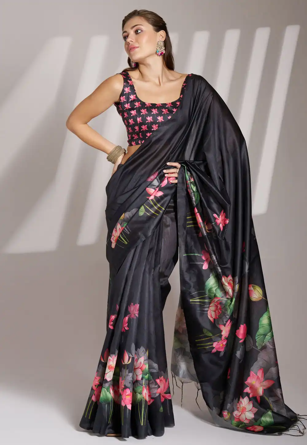 Black Linen Saree With Blouse 305386