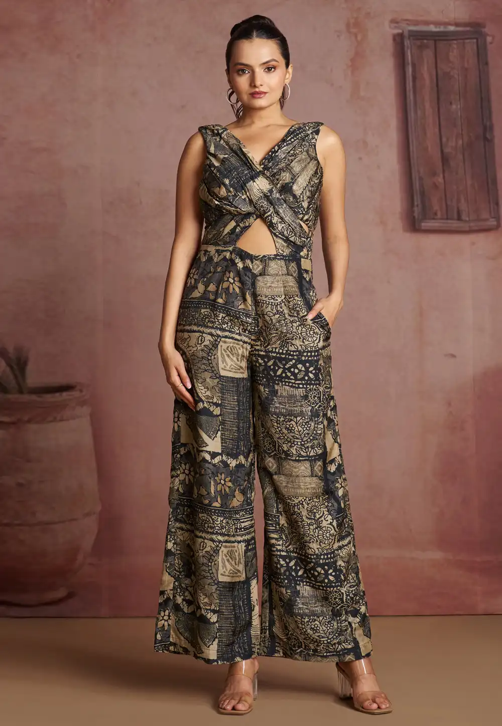 Black Muslin Printed Jumpsuit 316220