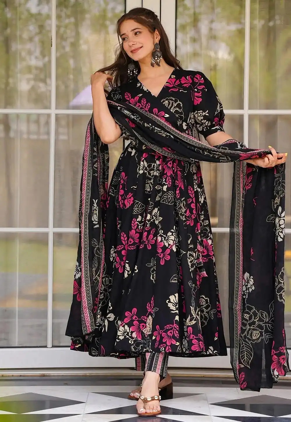 Black Muslin Readymade Anarkali Suit 317270