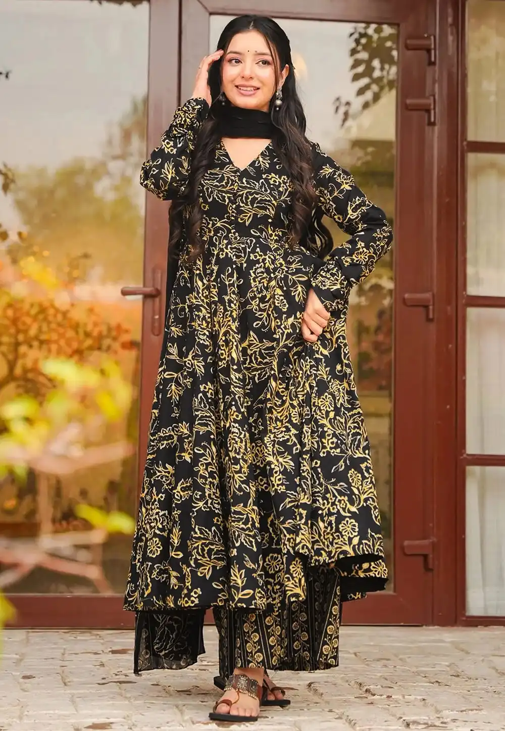 Black Muslin Readymade Anarkali Suit 324923