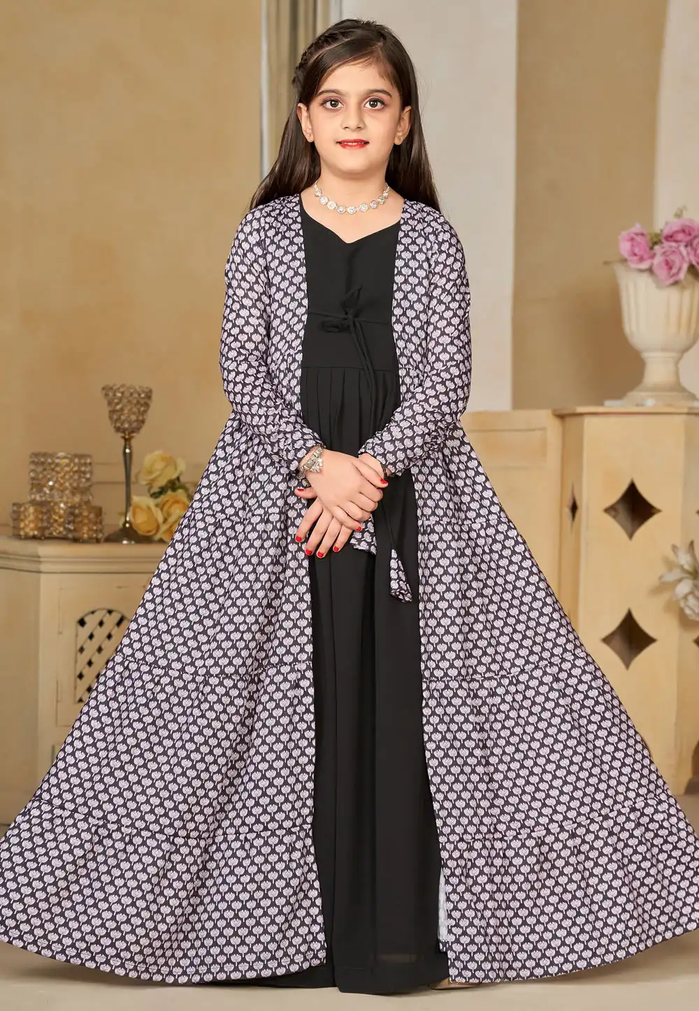 Black Muslin Readymade Kids Gown With Jacket 284582
